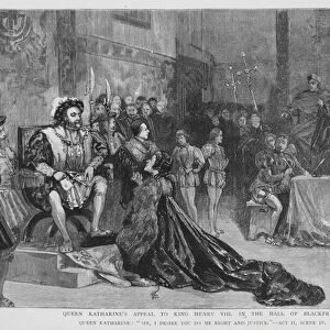 The trial of Katherine of Aragon in Blackfriars Hall, scene from a production of Shakespeares Henry VIII at the Lyceum Theatre, London (litho)