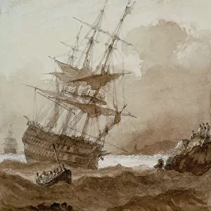 Two-decker in a gale off shore, late 18th to early 19th century (brown wash)