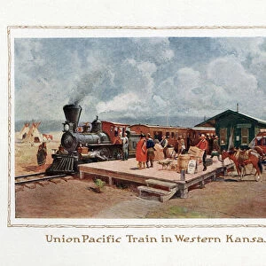 Union Pacific Train at a Kansas Depot in 1870, 1914 (screen print)