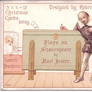 A Victorian Christmas card booklet of Shakespeare holding a key to a trunk, c
