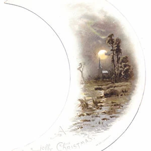 Victorian crescent shaped Christmas card of a church near a brook on a moonlit night, c