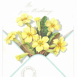 A Victorian die cut birthday card in the shape of an envelope with flowers in it, c