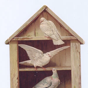 A Victorian Die-cut Shape Christmas card of three doves in a birdhouse, c