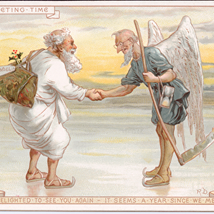 A Victorian greeting card of Father time shaking hands with Father Christmas, c