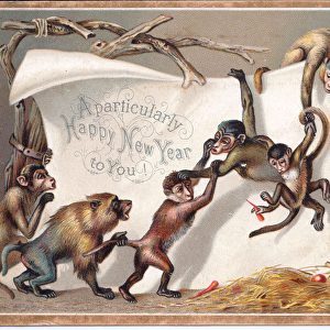 A Victorian New Years card of monkeys playing in front of a wooden lattice, c