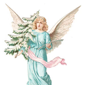 A Victorian Paper Scrap Relief of an angel holding a Christmas tree, c
