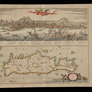 View of Candia and Map of Crete, 1668 (etching and engraving with hand-colouring on laid paper)