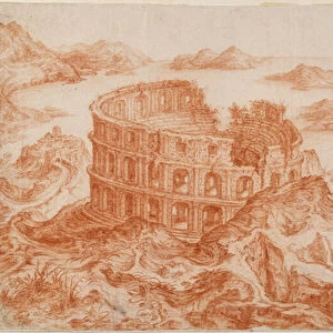 View of the Roman amphitheatre at Pozzuoli with the Bay of Naples beyond (red chalk on paper)