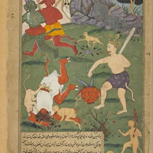 Vol. 2 fol. 228 Hanuman beheads Trisiras (opaque watercolour, ink and gold on paper)