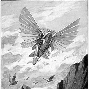 Winged vehicle above the mountain, engraved by Du Plessis, late 19th century (engraving)
