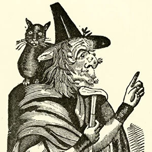 Witch with black cat on her shoulder (engraving)
