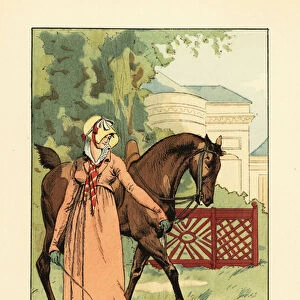 Woman in hunting dress, bonnet and kerchief leading a horse in the Parc de Bagatelle, Bois de Boulogne, Paris, 1807. A check in the park at Bagatelle. Chateau de Bagatelle, a neoclassical folly built for the Comte d Artois, later King Charles X
