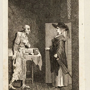 A woman visits the home of a miser, 18th century. 1791 (engraving)