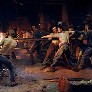 Workmen smelters working in a metallurgical plant. Painting by Jean Rixens (1846-1924