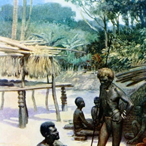 A Yam shed and natives, Espiritu Santo, New Hebrides, 1908 (colour litho)