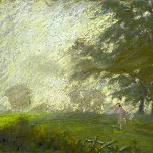 A young girl skipping in a glade (pastel on paper)