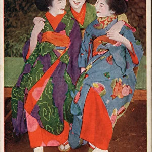 Three young Japanese women in traditional costume (photo)
