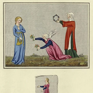 Young ladies of the 14th Century (coloured engraving)