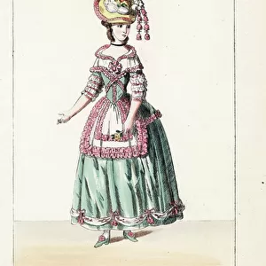 Young lady, ordinary dress, 1777. She wears a tall bonnet with plumes, bodice, apron and petticoat, all decorated with lace, ruffles and ribbons. Handcoloured lithograph from Thomas Hailes Lacy's " Female Costumes Historical