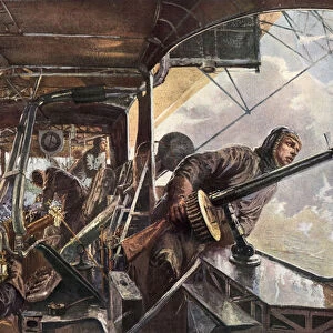 In the back of a Zeppelin while returning after a succesful attack on England (colour litho)
