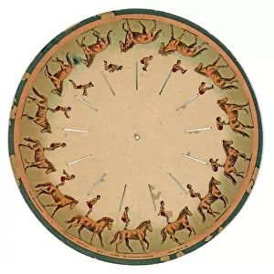 zoopraxiscope disc showing an acrobat performing a horse back somersault, 1893 (litho)