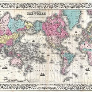 1852, Coltons Map of the World on Mercators Projection, Pocket Map, topography