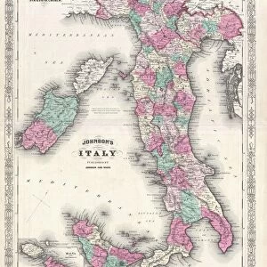 1866, Johnson Map of Italy, topography, cartography, geography, land, illustration