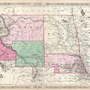 1866, Johnson Map of Montana, Wyoming, Idaho, Nebraska and Dakota, topography, cartography