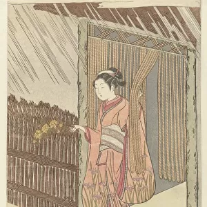 Girl yamabuki branch hands pink kimono iris pattern