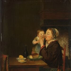 A Mother Child mother sitting table childs arm drinking