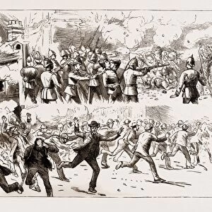Rioting in Belfast, a Street Corner, 1886; Burning of M closkeys Public