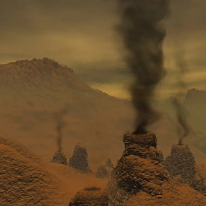 Artists concept of volcanic activity on the surface of Venus