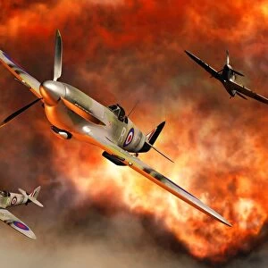 British Supermarine Spitfires bursting through explosive flames