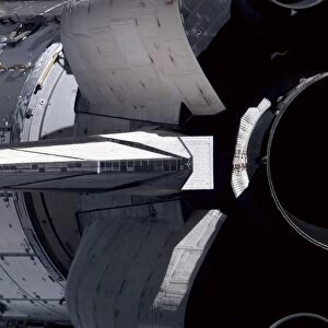 A close-up view of Space Shuttle Discoverys tail section