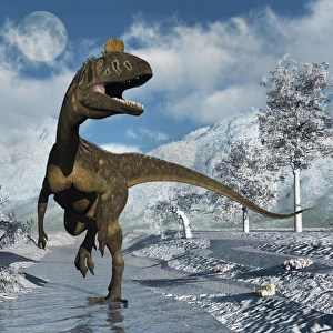 A Cryolophosaurus dinosaur walking along a stream of modern day Antarctica