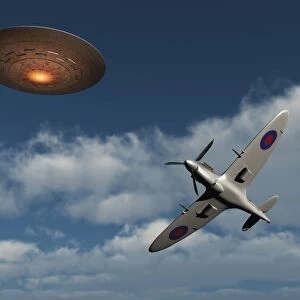 A Royal Air Force Supermarine Spitfire aircraft giving chase to a UFO