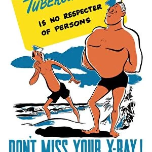 Vintage World War II poster of two sailors on the beach, one muscular, one skinny