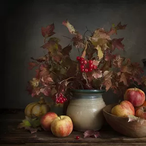 Still life with applles and scarlet viburnum autumn branches and berries in vintage style