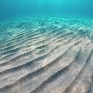 Sand ripples on seabed and sun burst in shallow, clear water. Capo Comino, Sardinia, Mediterranean Sea