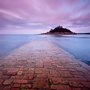 Scenic view of St Michaels Mount from the causeway, in early morning light, Marazion