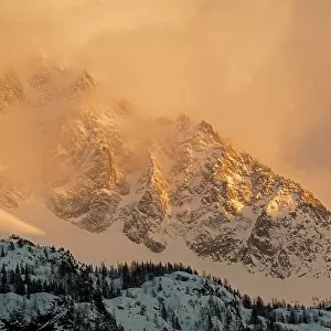Steep mountain ridge next to Aiguille du Dru in the last afternoon sunlight, Chamonix area, Haute-Savoie, Mont Blanc area, France, February