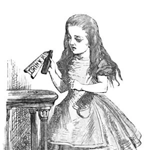 Alice looking at the bottle with the sign drink me, 1889. Artist: John Tenniel