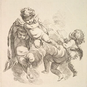 Three Children Among Clouds Carrying a Drapery, 1738-45. Creator: Gabriel Huquier