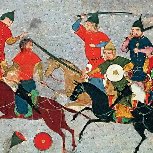 Ghenghis Khan in combat. Miniature from Jami al-tawarikh (Universal History), ca 1430. Artist: Anonymous