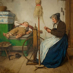 Grandmother at a spinning wheel and a sleeping boy on an oven bench, 1883