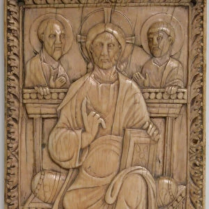 Plaque with Christ enthroned with two Apostles, Carolingian, 850-875. Creator: Unknown