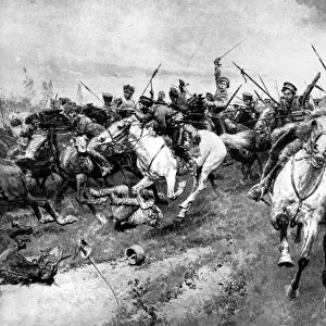 Russian Cossacks attacking German army, East Prussia, First World War, 1914