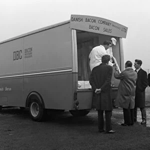 Traders buying bacon direct from a Danish Bacon wholesale van, Kilnhurst, South Yorkshire, 1961