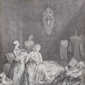 A woman getting out of bed in an elegant interior, with two servants about to help her