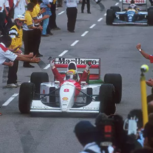 1993 Australian Grand Prix. Adelaide, Australia. 5-7 November 1993. Ayrton Senna (McLaren MP4/8 Ford) celebrates 1st position on the way down the pit lane to parc ferme